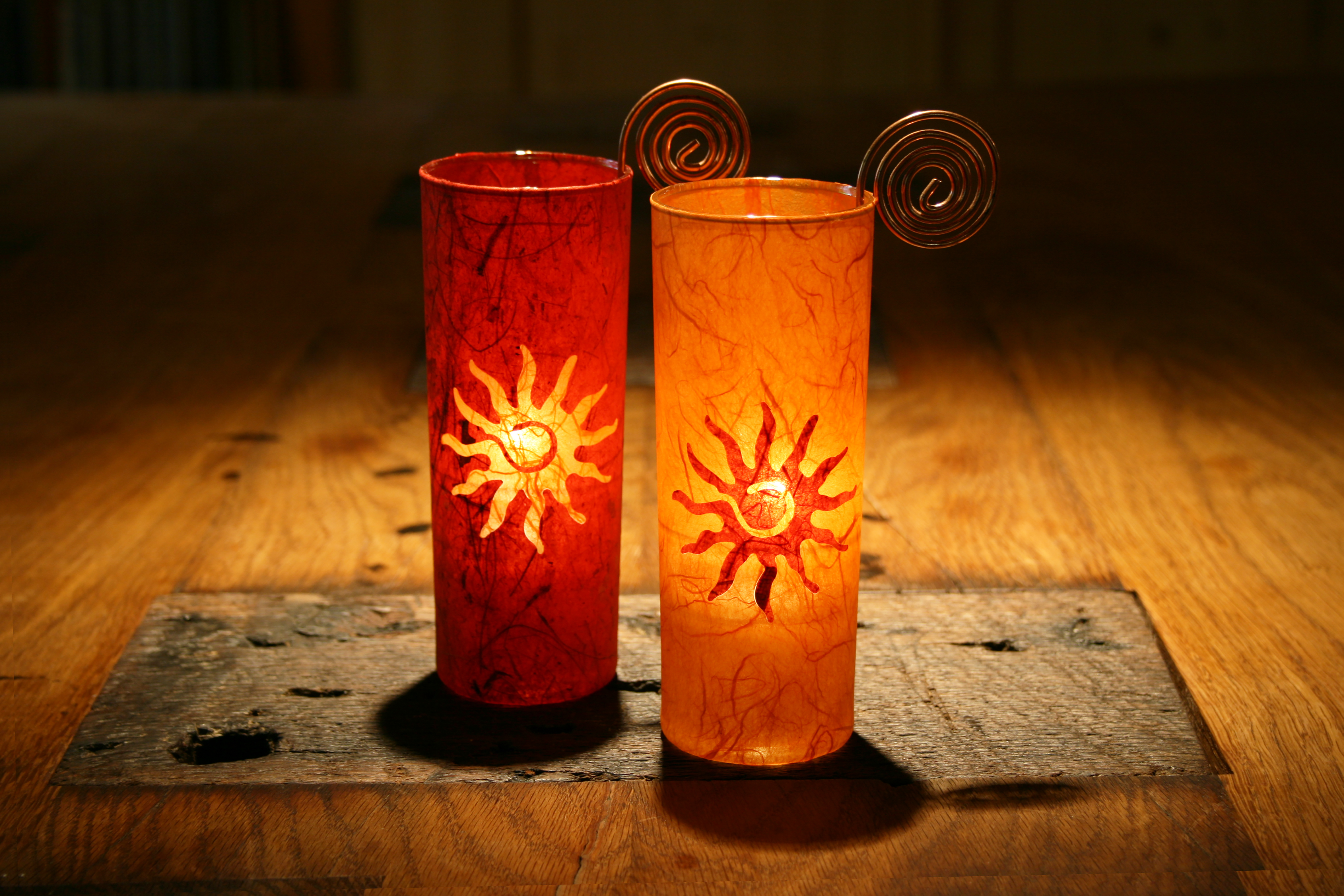 Windlichter 2-er Set,  Sonne / Spirale,  in Rot-Orange  